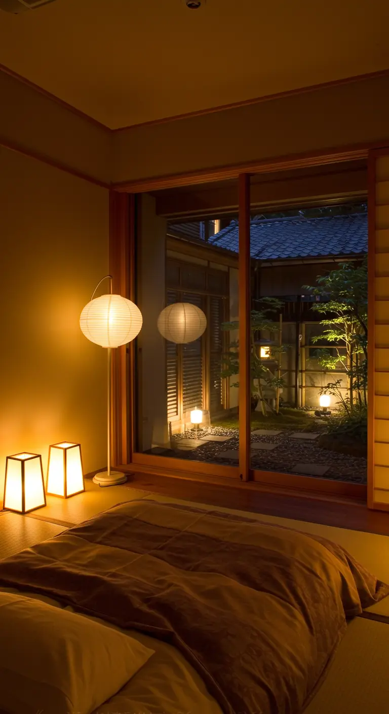 Dormitorio con lámparas de papel encendidas y vistas a un jardín iluminado por la noche.