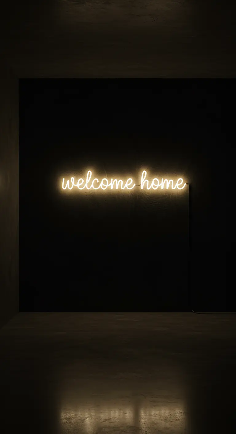 Letrero de neón amarillo con la frase 'welcome home' brillando en una pared oscura.