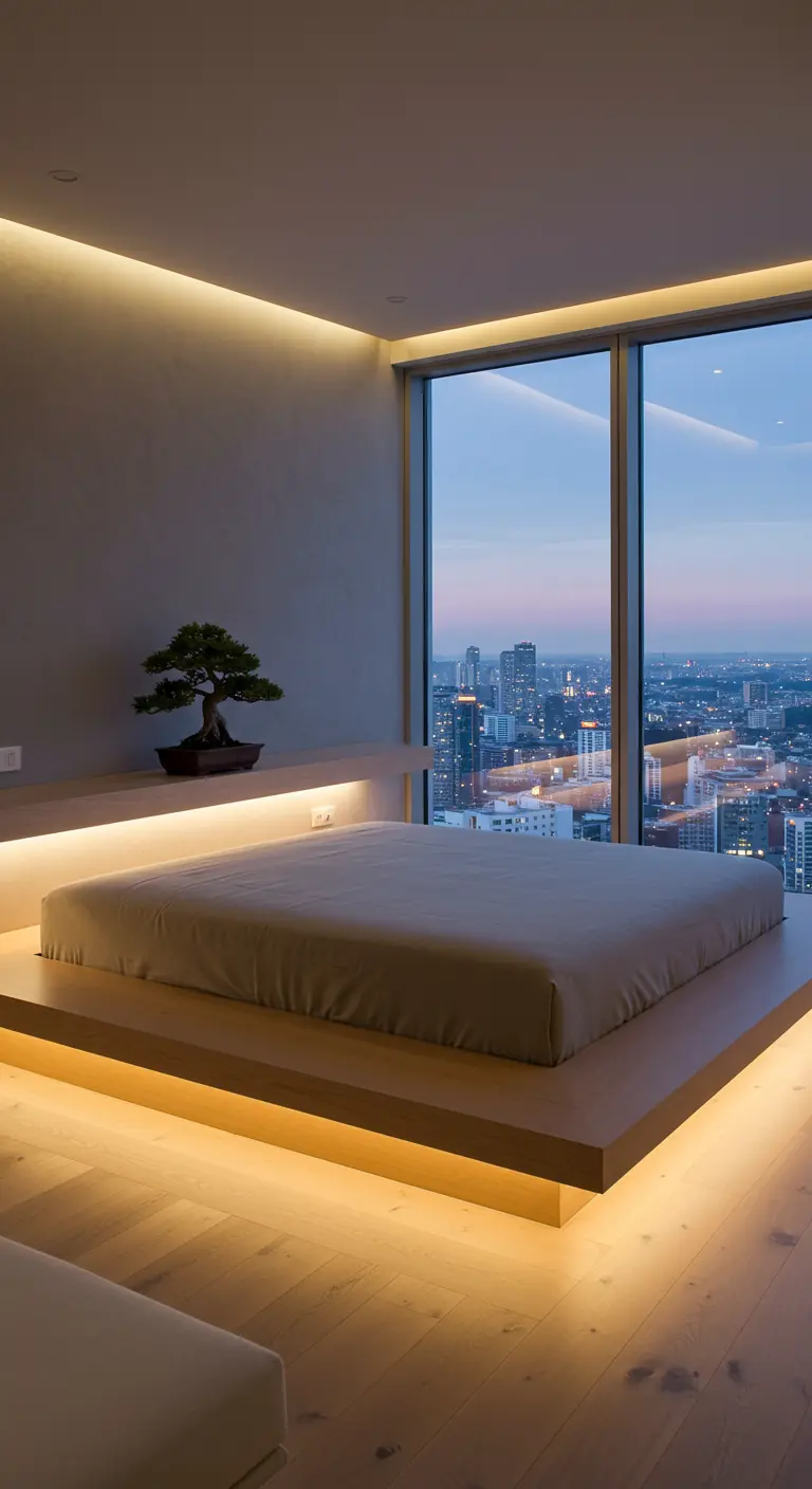 Dormitorio moderno con cama baja iluminada, vistas a la ciudad y un bonsái.