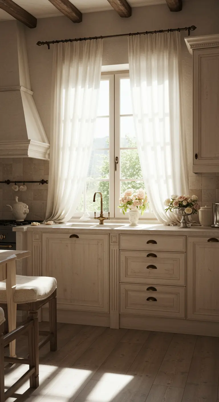 Cocina luminosa con gabinetes de color crema y largas cortinas de lino blanco en la ventana.