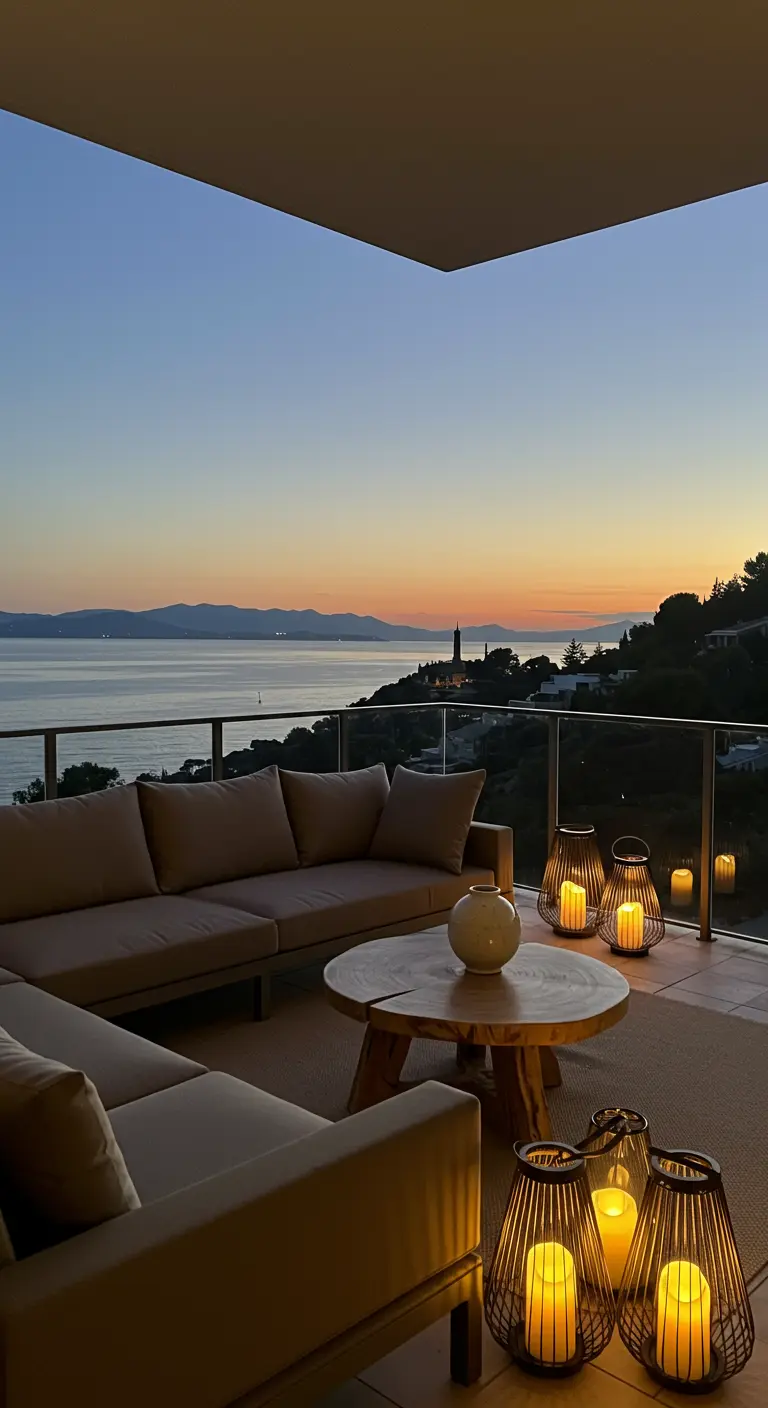 Balcón con vistas al mar, sofá modular beige y farolillos con velas LED al atardecer.