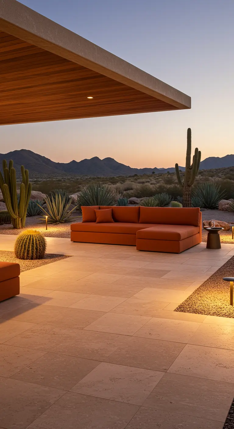 Patio en el desierto con cactus y un sofá naranja, iluminado sutilmente por pequeñas lámparas de suelo.