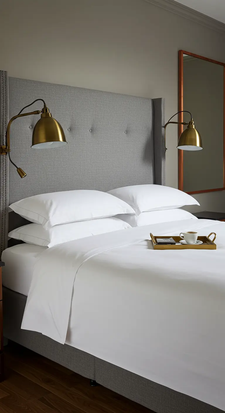 Apliques de latón articulados instalados sobre un cabecero gris en un dormitorio de hotel.