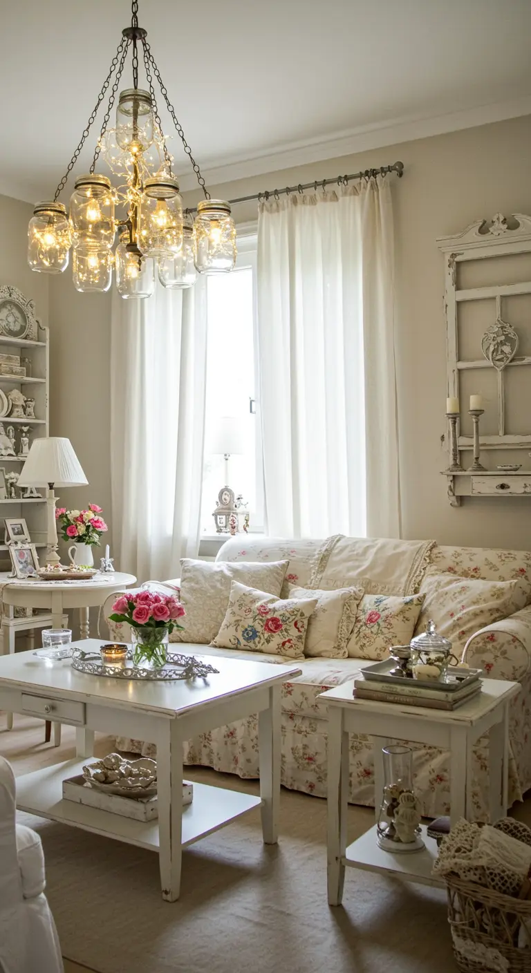 Lámpara de araña de estilo shabby chic hecha con frascos de vidrio y luces cálidas.