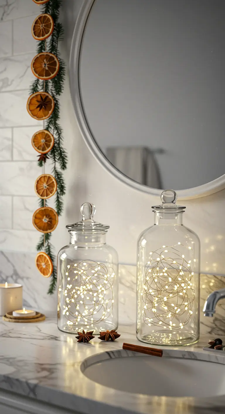 Frascos de cristal llenos de luces LED junto a una guirnalda de naranjas secas y pino.