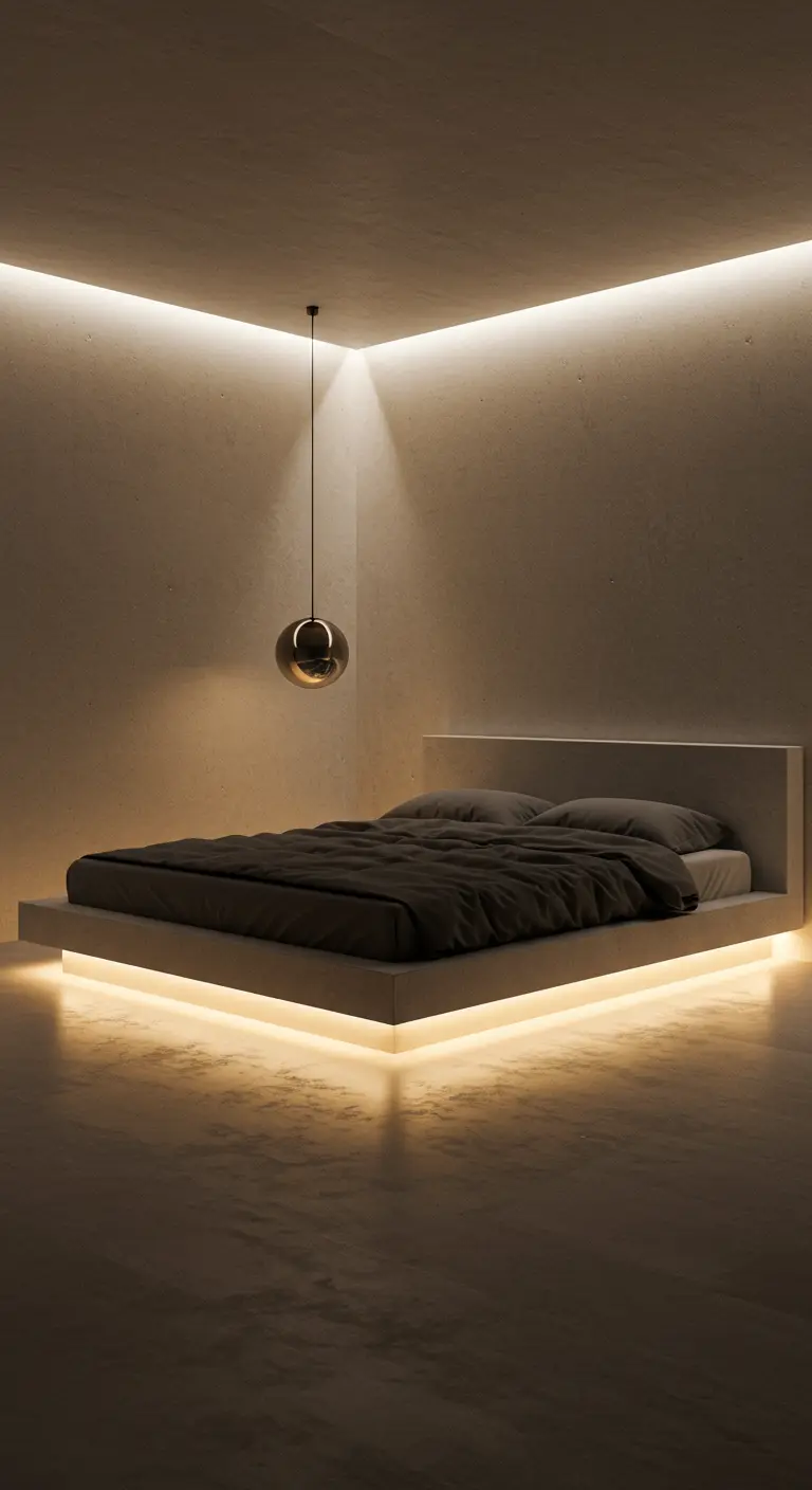 Cama de plataforma minimalista con iluminación LED cálida integrada en la base.