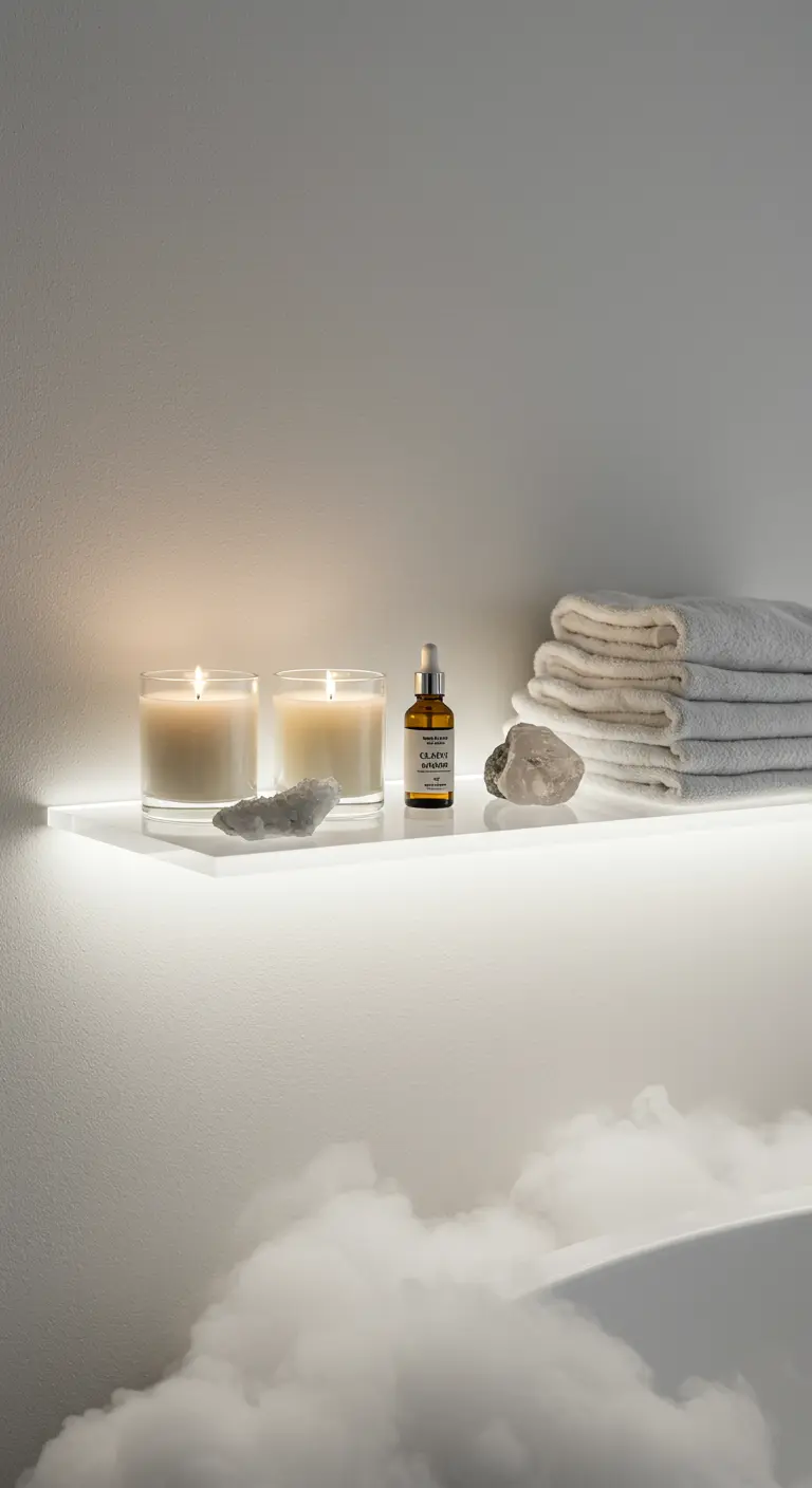 Estante flotante blanco iluminado desde abajo con velas de cristal y cuarzos.