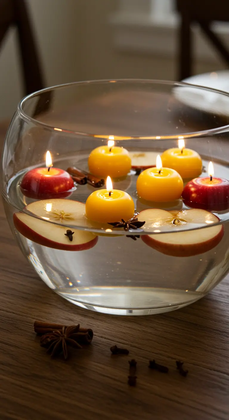 Velas flotantes de cera de abeja en un bol de cristal con agua, manzanas y especias.