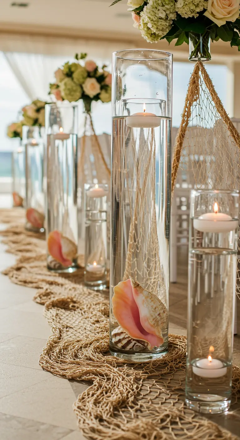 Centro de mesa con altos jarrones de cristal, conchas, agua y velas flotantes.