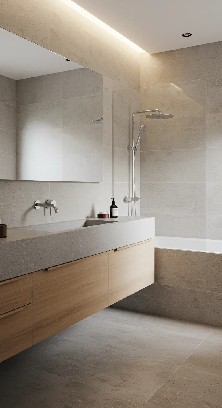 Baño con iluminación indirecta en el techo y mueble de madera flotante