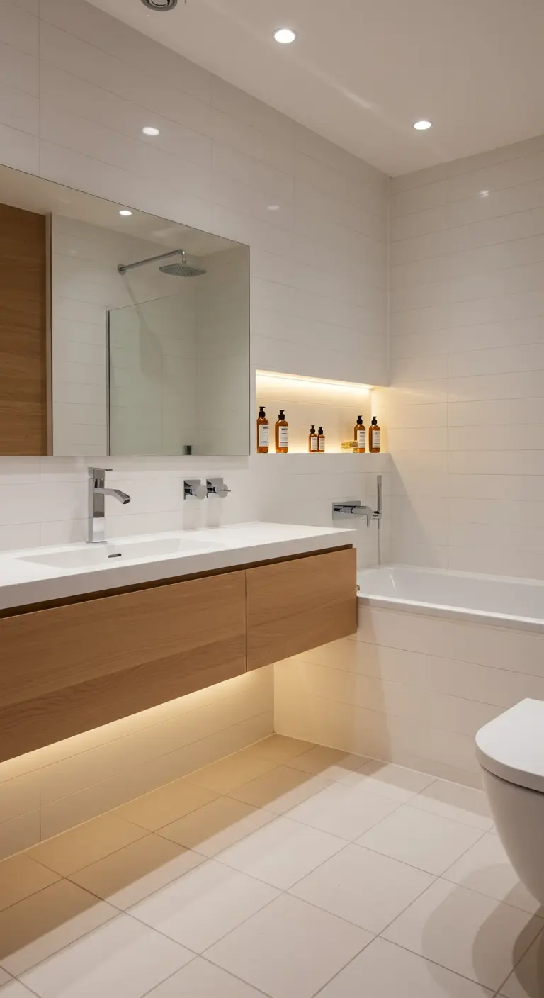 Baño blanco con mueble de madera flotante y bañera, ambos con iluminación led indirecta.