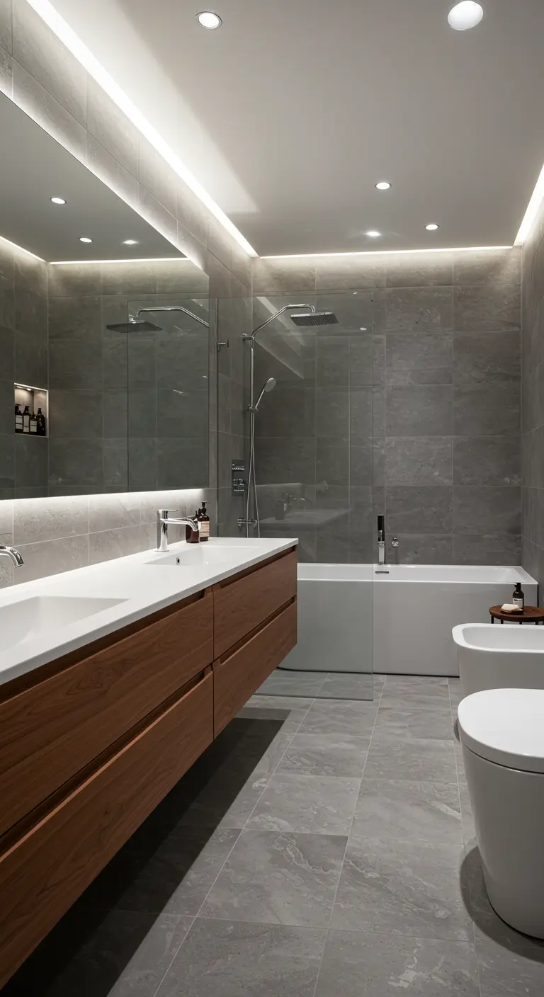 Baño moderno con azulejos grises, iluminación LED lineal en el techo y tras el espejo.