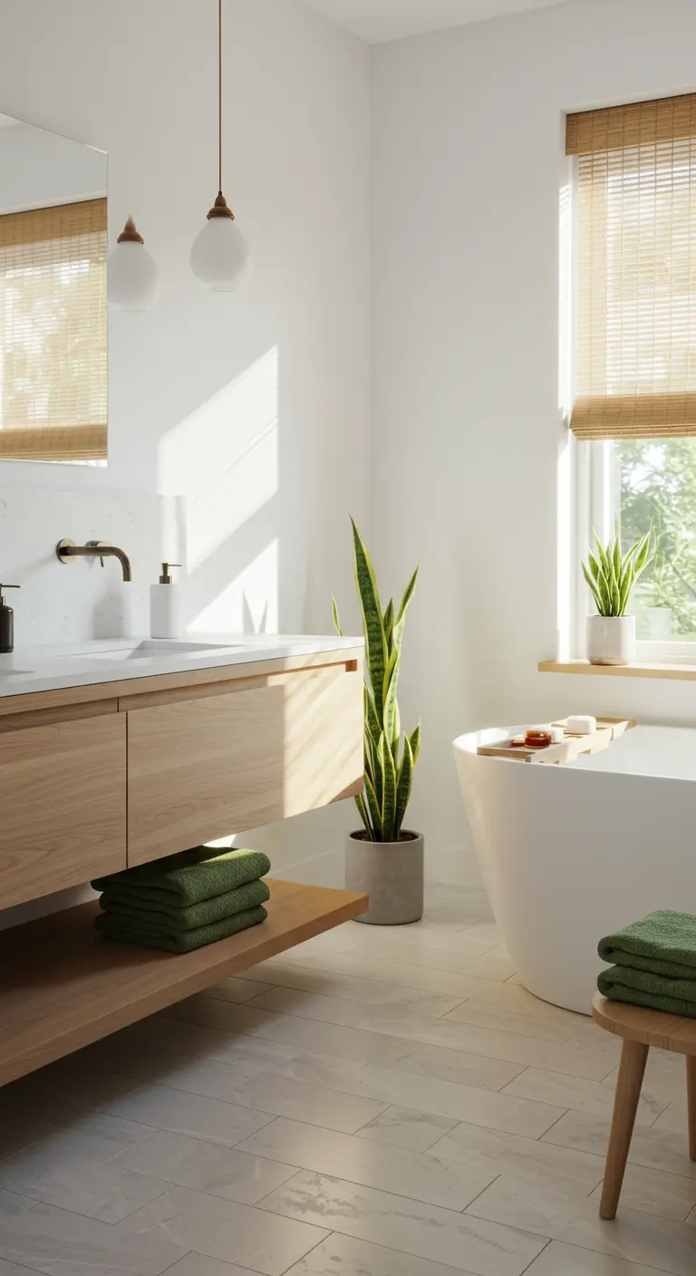 Baño luminoso con mueble de madera, bañera exenta y toallas verde oliva.
