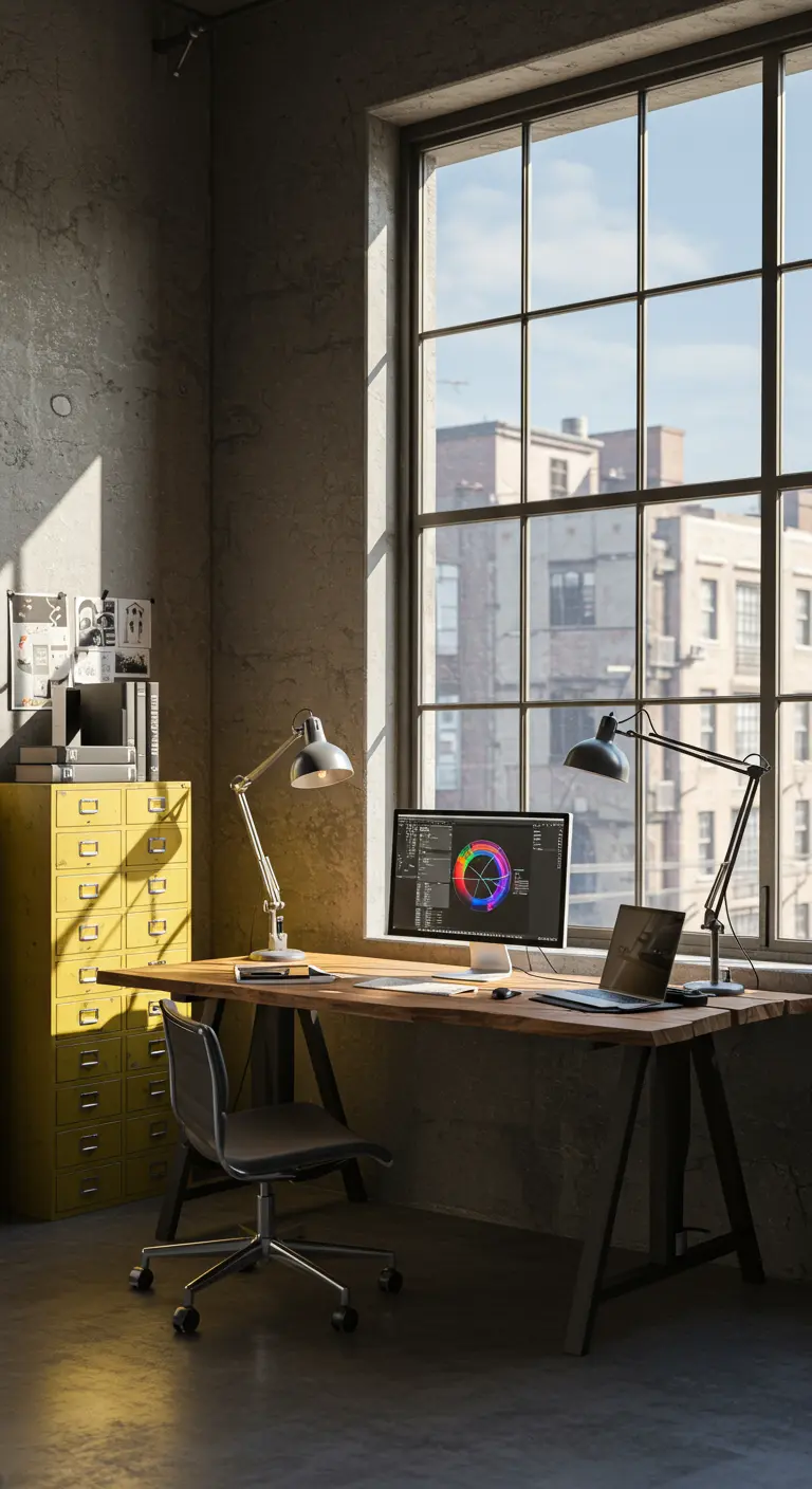 Escritorio de madera frente a un gran ventanal de estilo industrial, con un fichero metálico amarillo