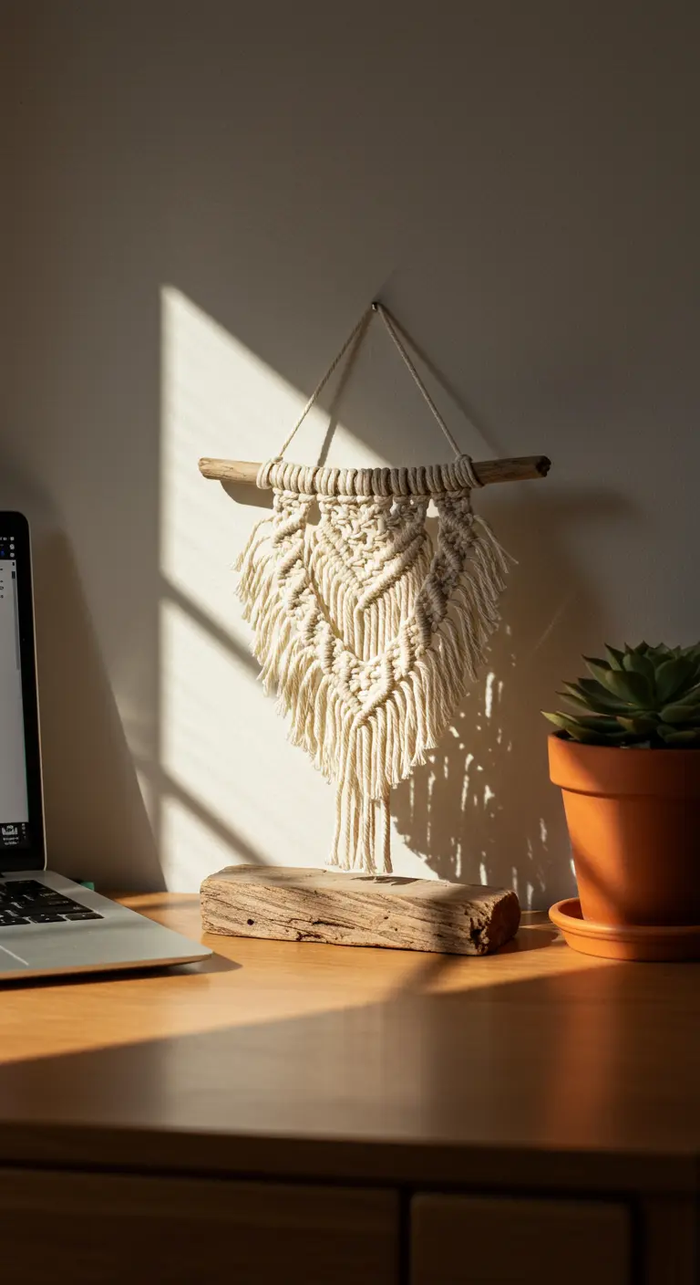 Tapiz de macramé color crudo colgado de una rama natural, iluminado por el sol sobre un escritorio.