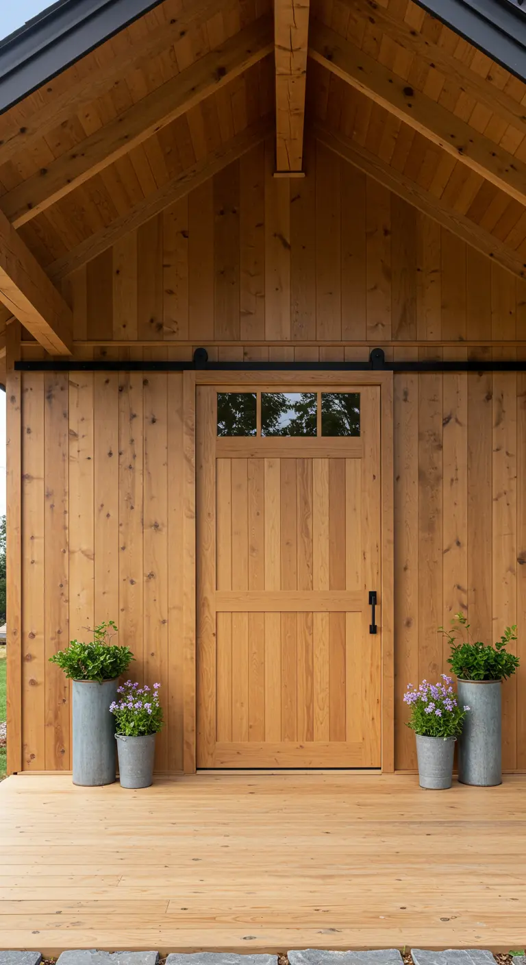 Puerta de granero de madera natural con tres pequeñas ventanas en la parte superior.