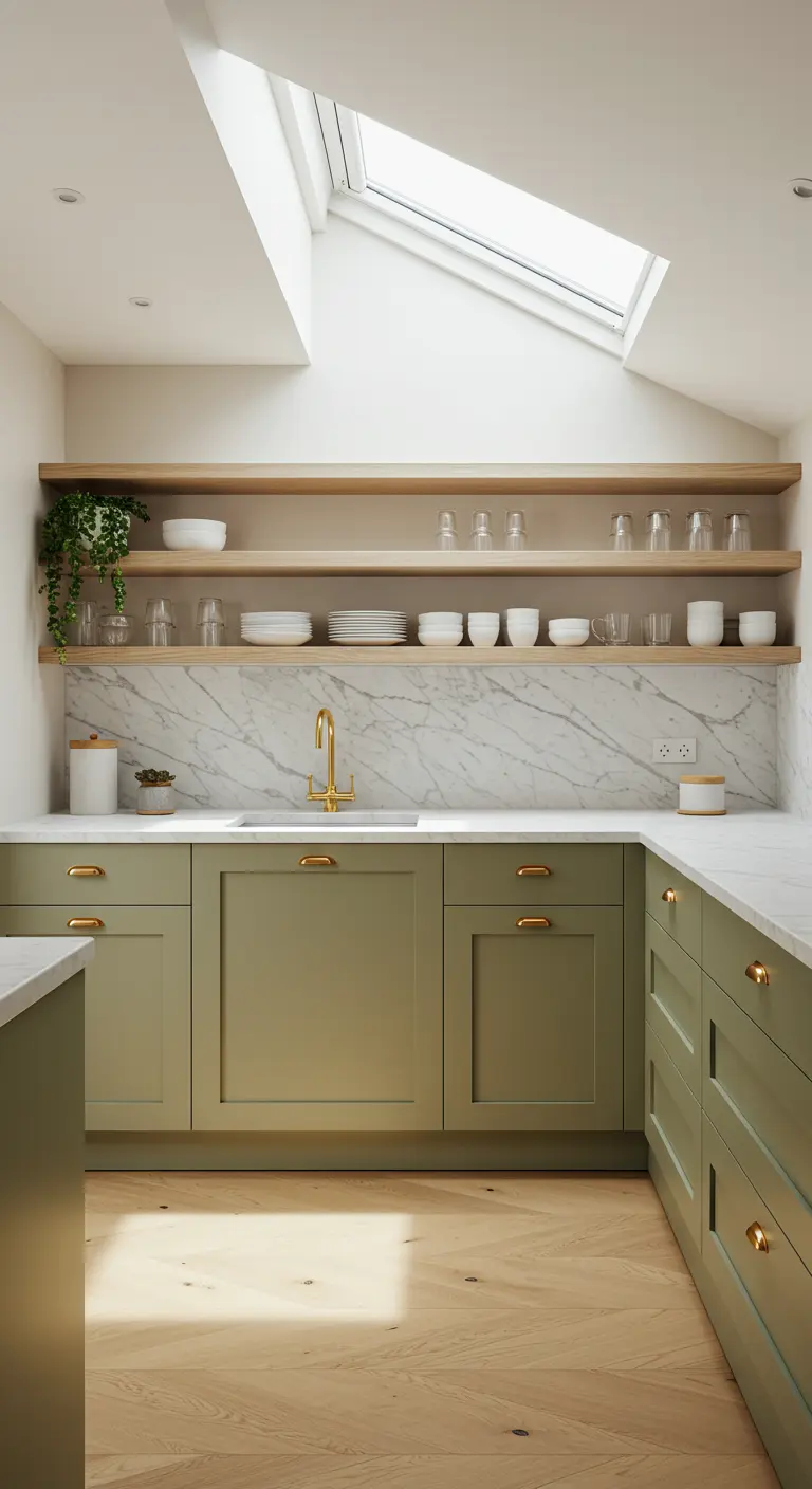 Cocina abuhardillada con gabinetes verde oliva, salpicadero de mármol y detalles dorados.