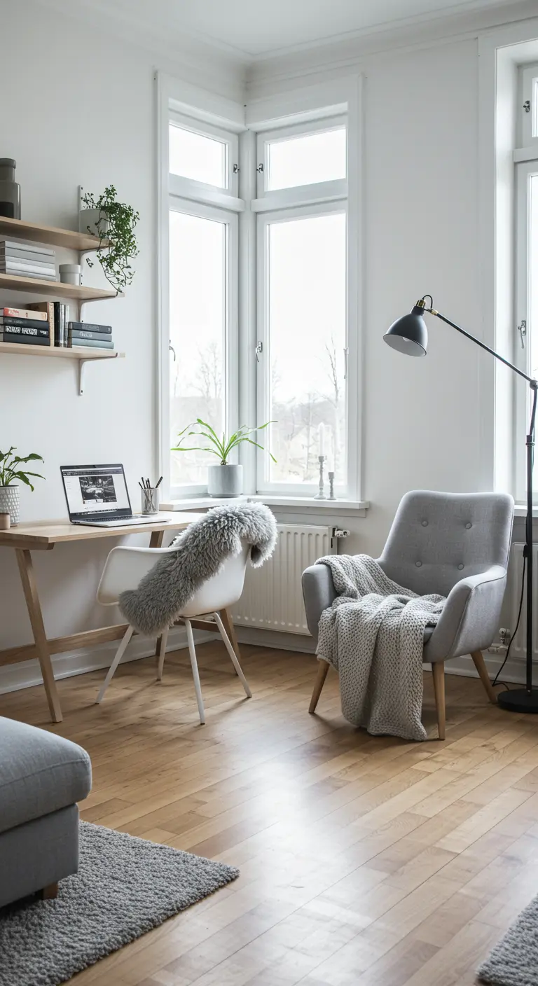 Rincón de trabajo escandinavo con escritorio de madera, silla blanca y sillón gris junto a una ventana.