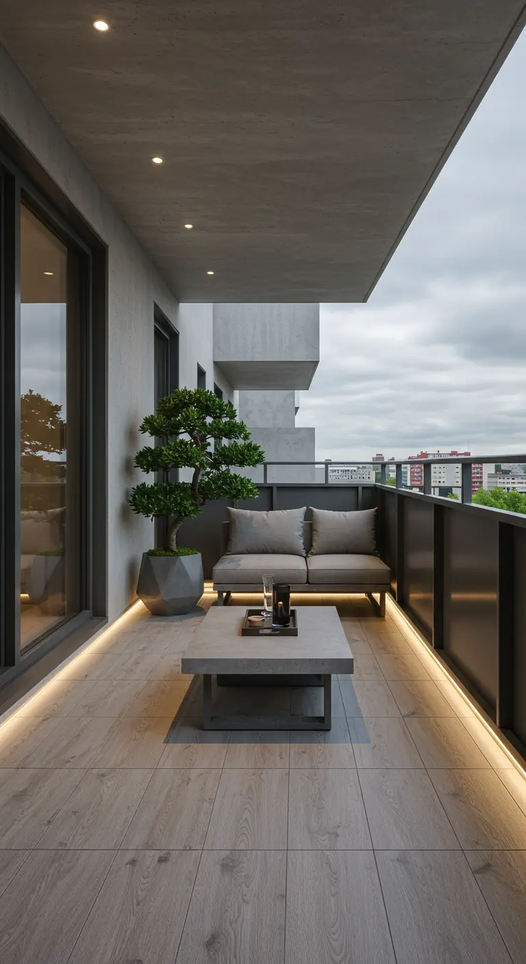 Balcón moderno con muebles bajos, suelo de madera y una tira de luz LED oculta.