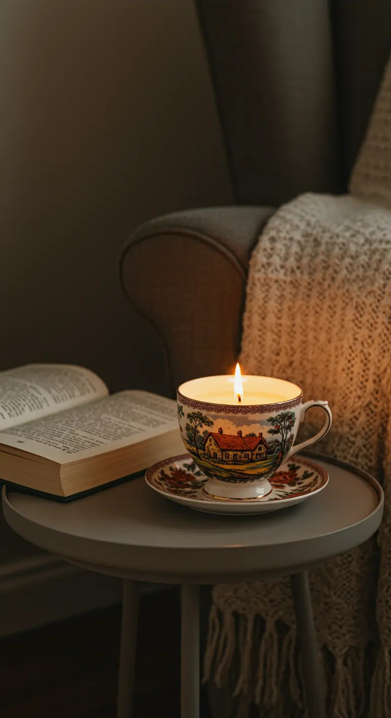 Vela encendida en una taza de té vintage con un paisaje, junto a un libro abierto