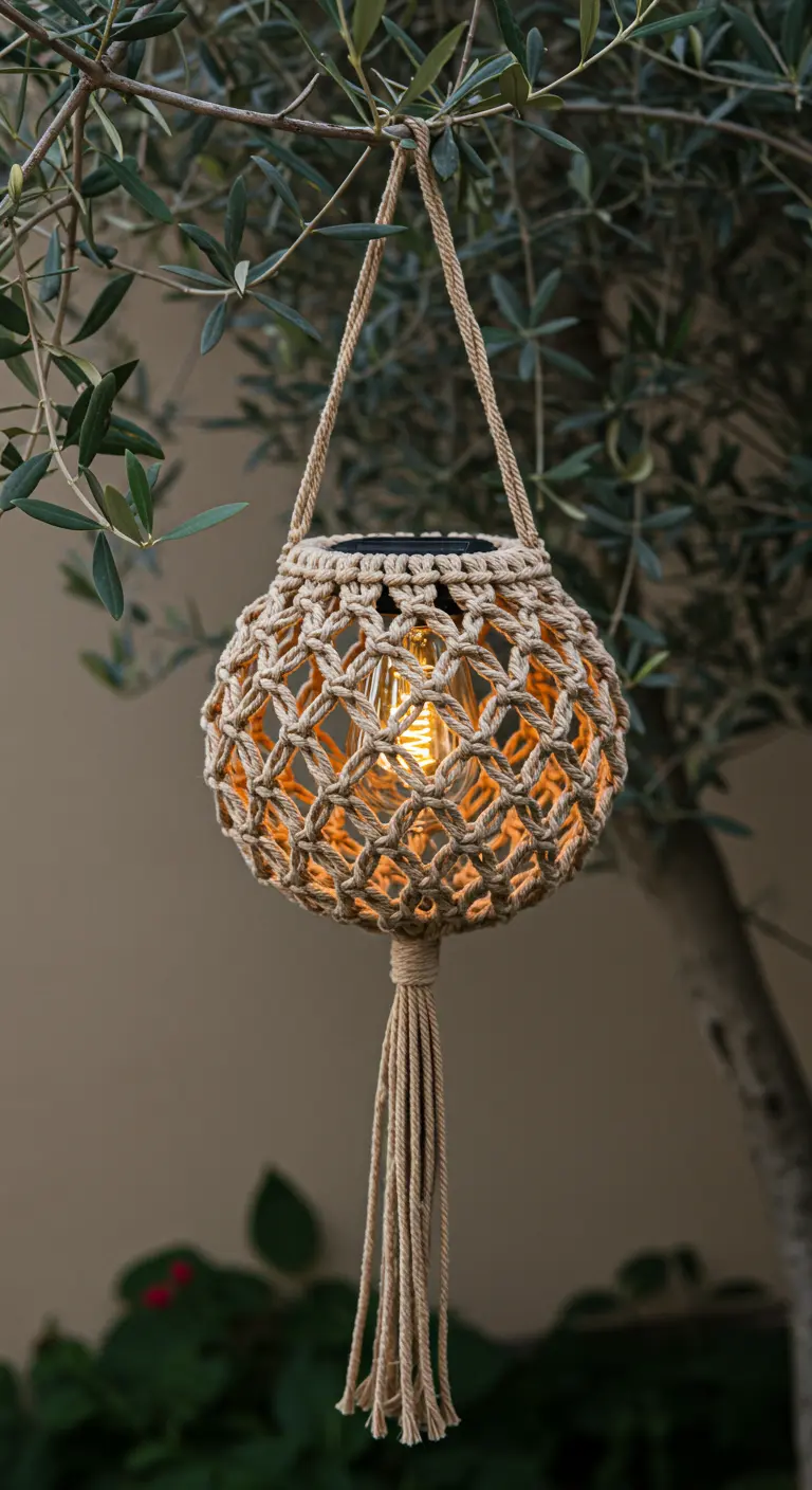 Farolillo de macramé con luz solar colgando de la rama de un olivo.