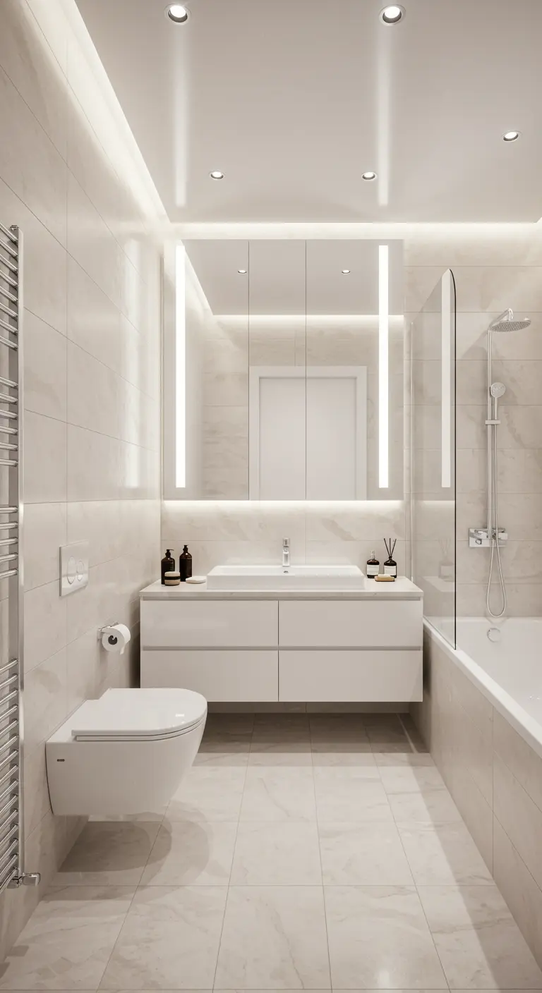 Baño moderno con dos lámparas LED verticales flanqueando un armario con espejo