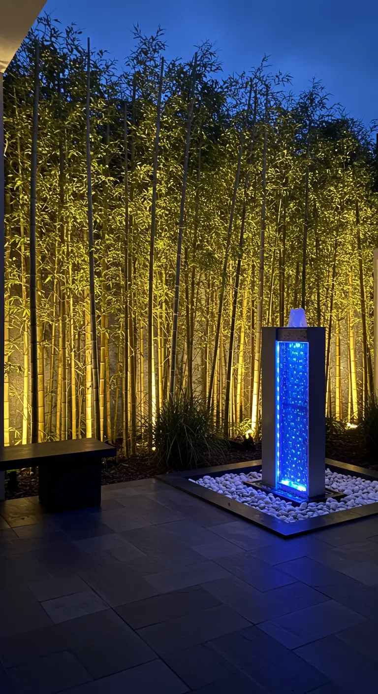 Patio nocturno con una pared de bambú iluminada y una fuente de columna con luces LED azules.