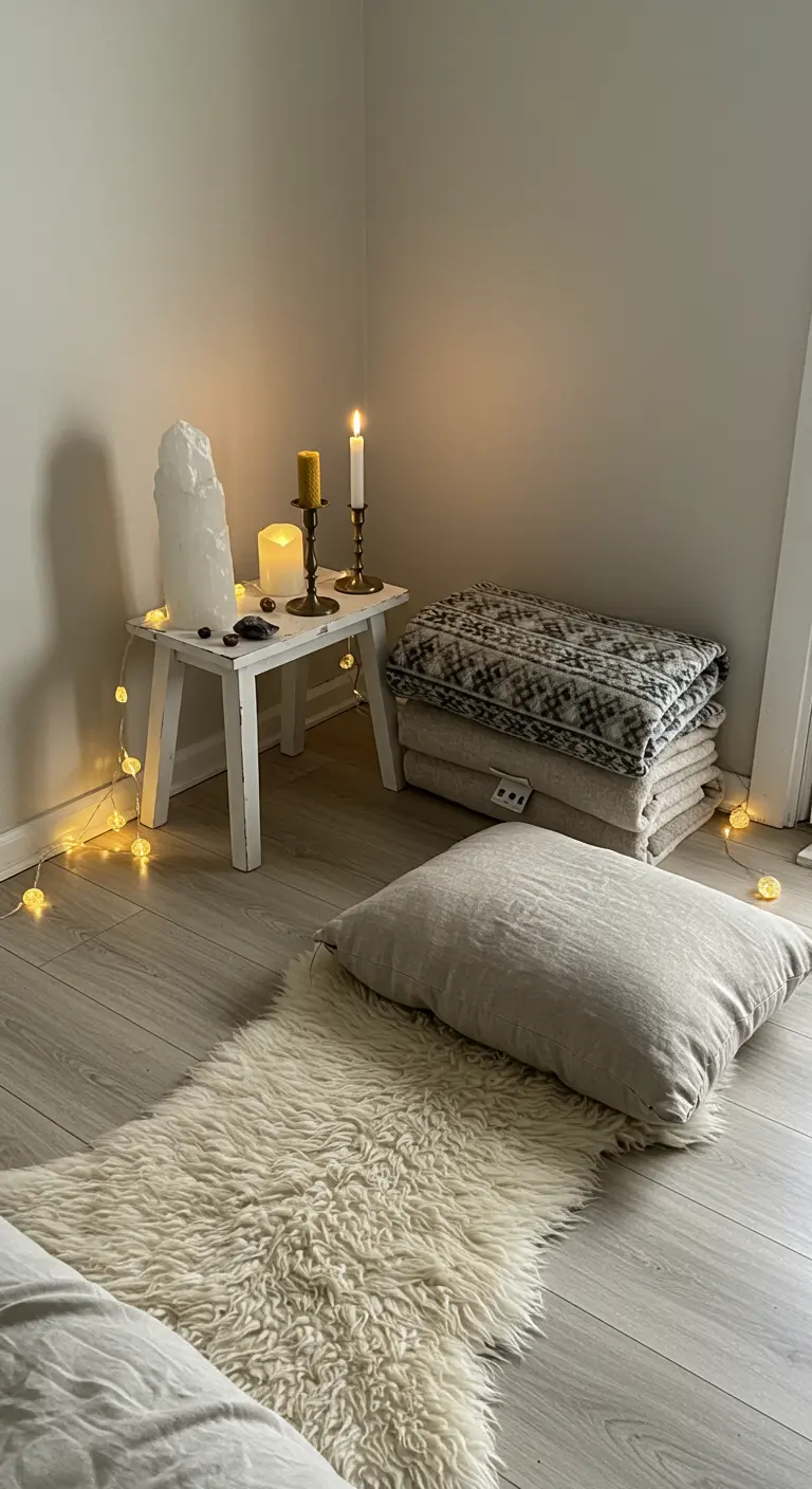 Esquina de meditación minimalista con cristal de selenita, velas y luces de hadas.