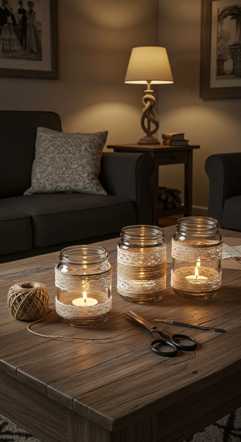 Portavelas de frasco de vidrio decorados con encaje y cuerda de yute.