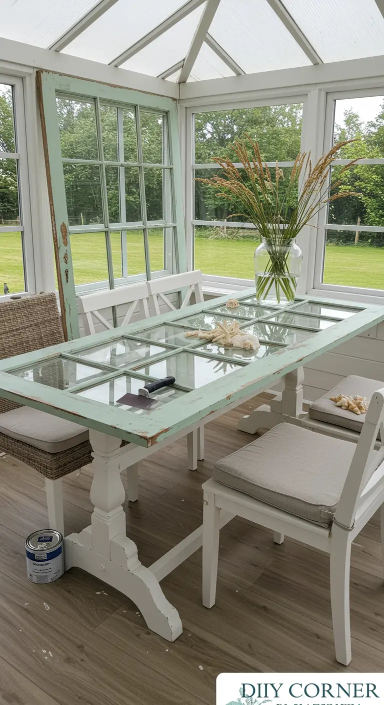 Mesa de comedor hecha con una puerta de cristal pintada de verde menta en un porche acristalado.