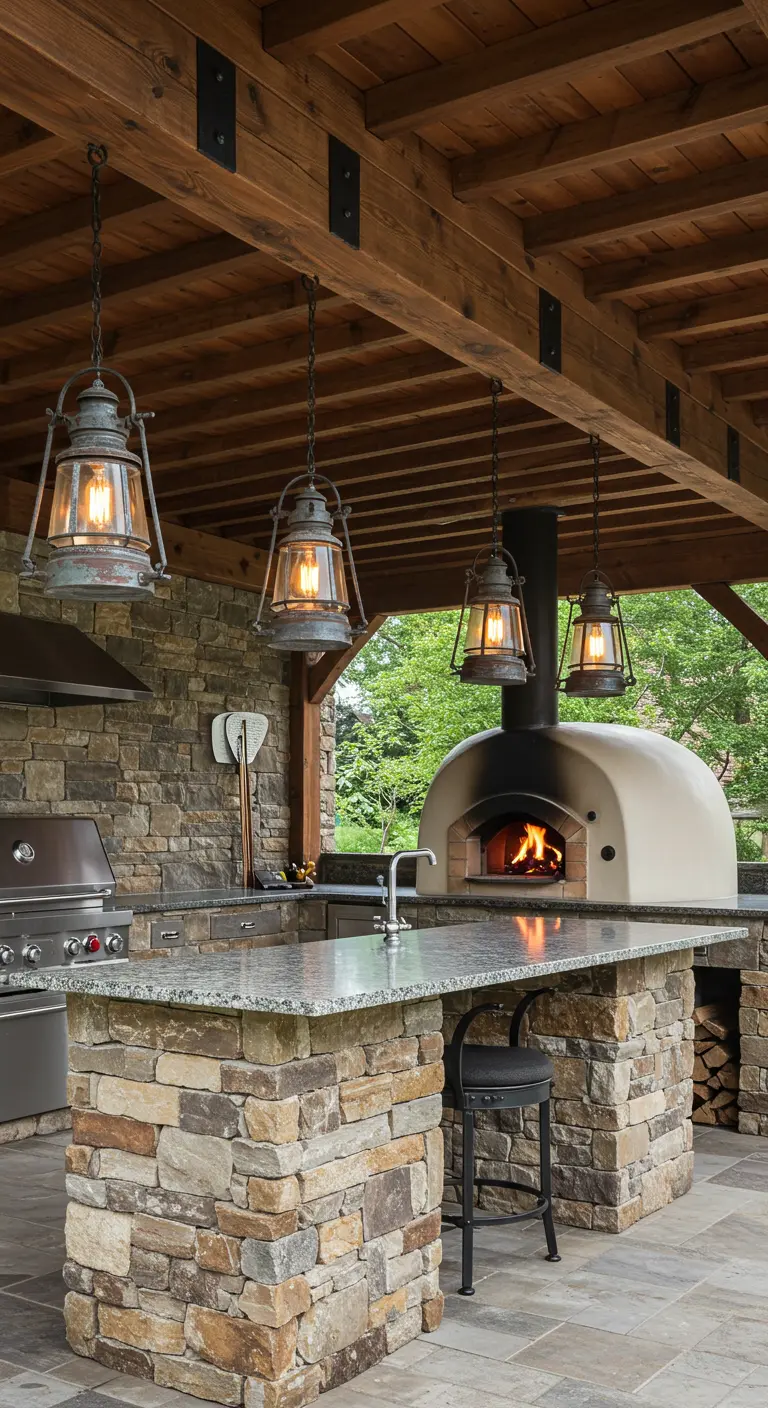 Cocina exterior rústica con barbacoa, horno de leña y faroles industriales de metal