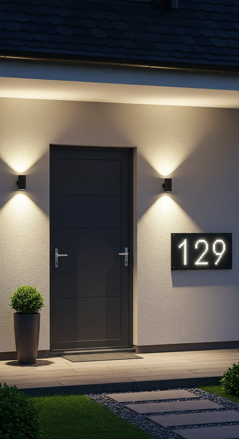 Entrada moderna de noche con apliques de pared que iluminan hacia arriba y abajo y un número de casa con luz.