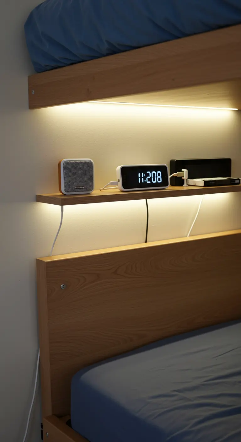 Repisa de madera con luz LED integrada sobre una cama, con un reloj digital y un altavoz.