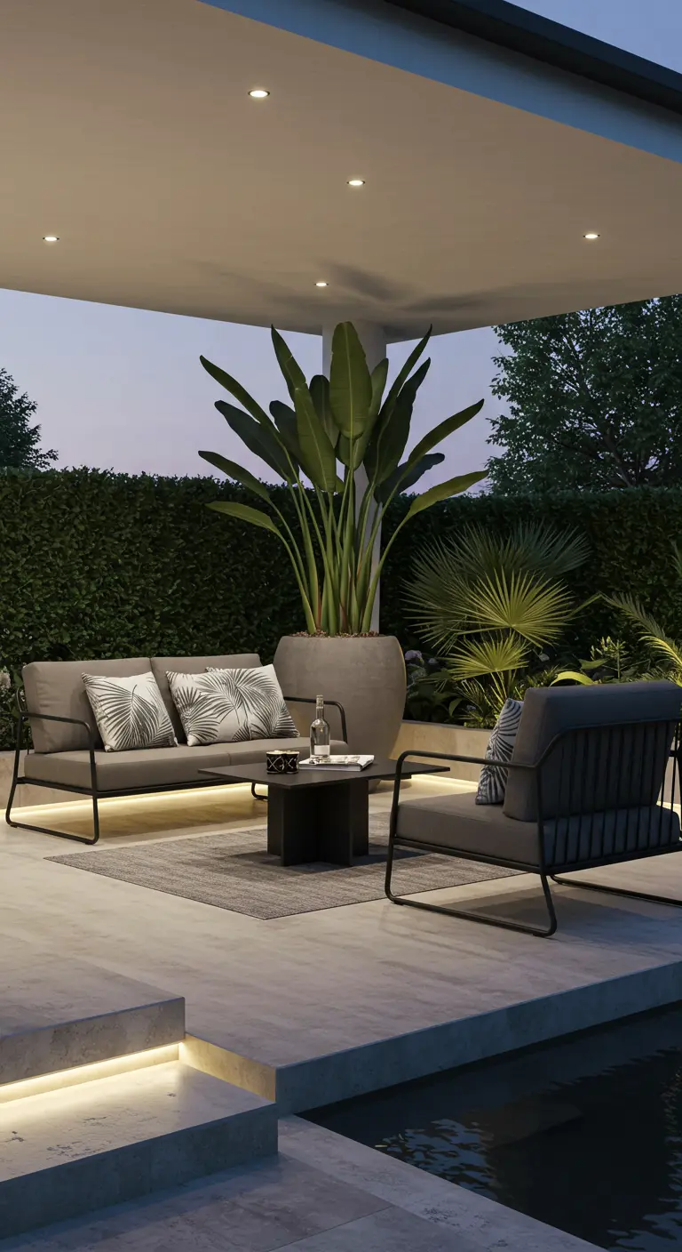 Patio moderno minimalista con iluminación LED, sofá gris y una gran planta exótica.