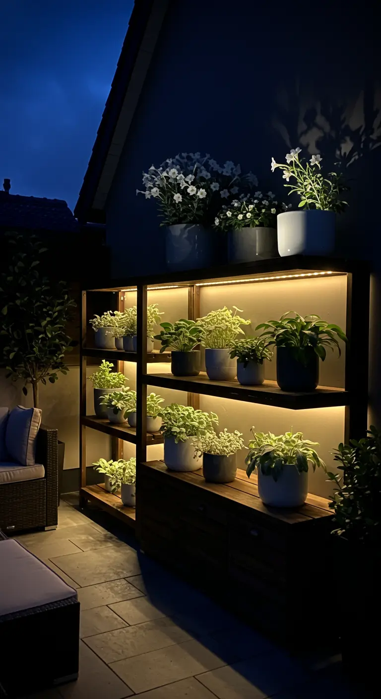 Estantería de madera oscura con iluminación LED integrada que resalta las plantas por la noche.