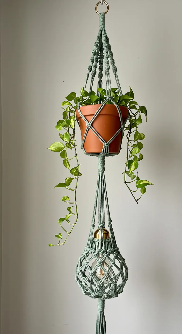 Colgador de macramé que combina una maceta y una pequeña lámpara.