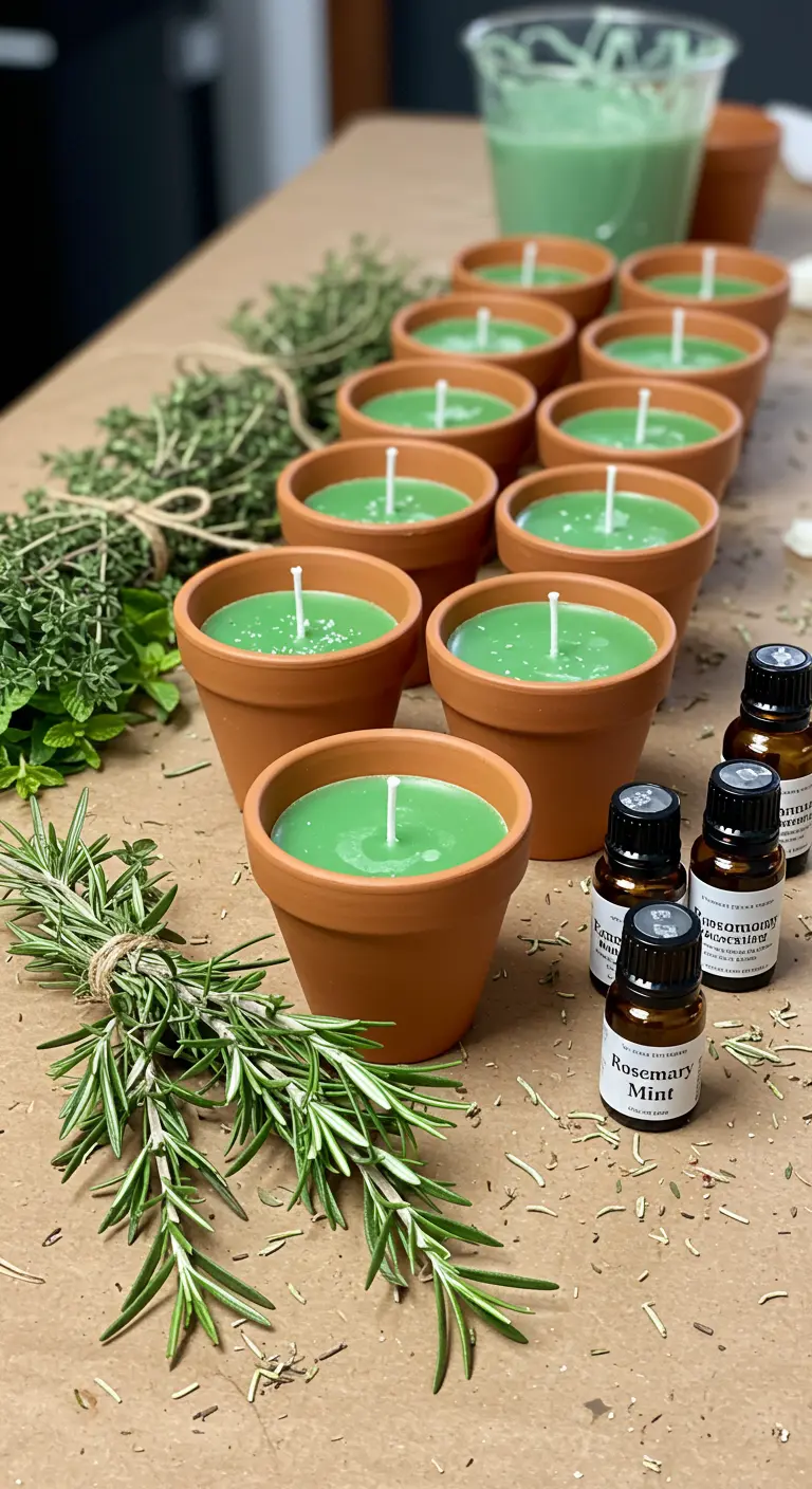 Velas de cera verde en macetas de terracota con hierbas frescas.