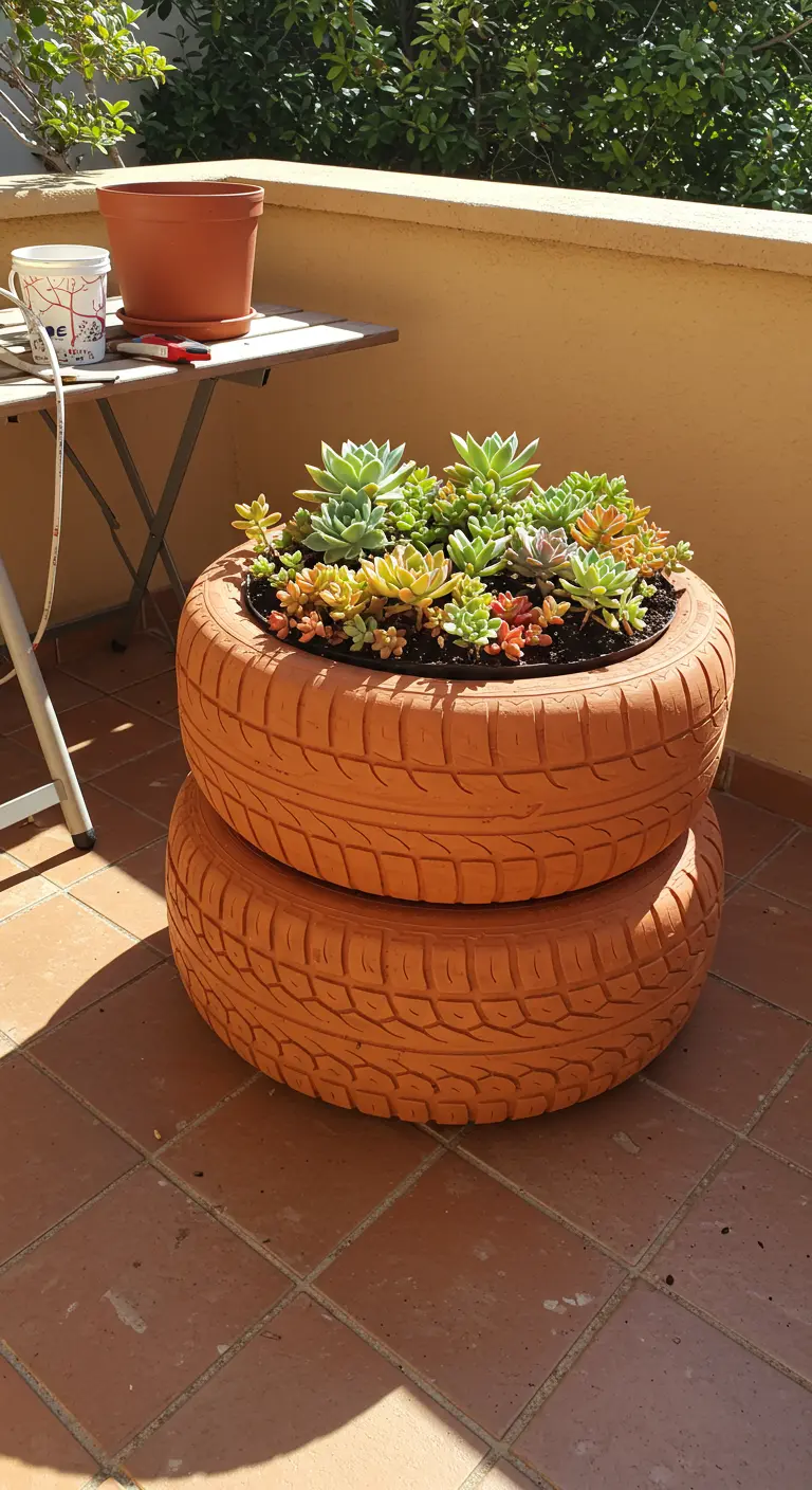 Dos neumáticos apilados y pintados de color terracota, utilizados como macetero para suculentas.
