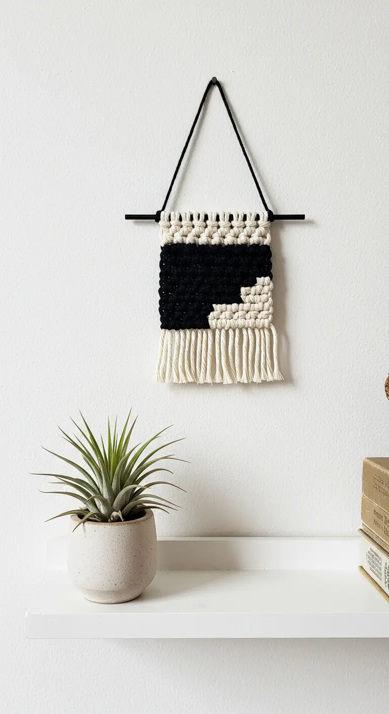 Pequeño tapiz de macra-weave en blanco y negro colgado sobre una estantería blanca con una planta.