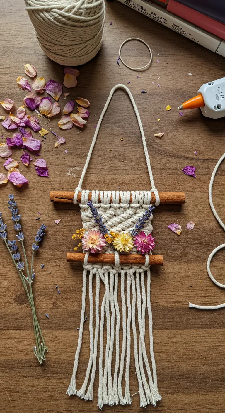 Tapiz de macramé pequeño en palitos de canela, decorado con flores secas de colores.
