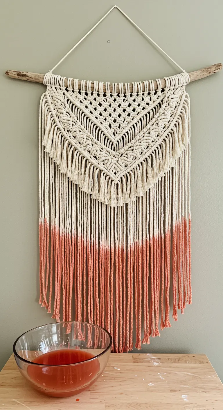 Tapiz de macramé colgado de una rama, con las puntas teñidas en un degradado de color coral.