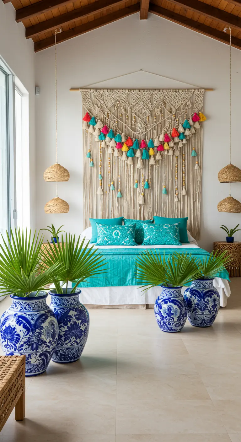Dormitorio con un gran tapiz de macramé con borlas de colores sobre la cama.