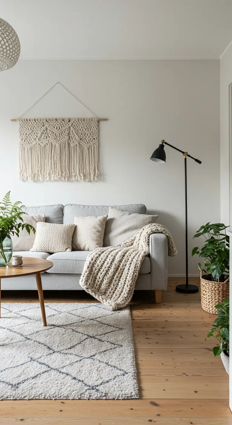 Sala de estar de estilo escandinavo con un gran tapiz de macramé sobre un sofá gris.