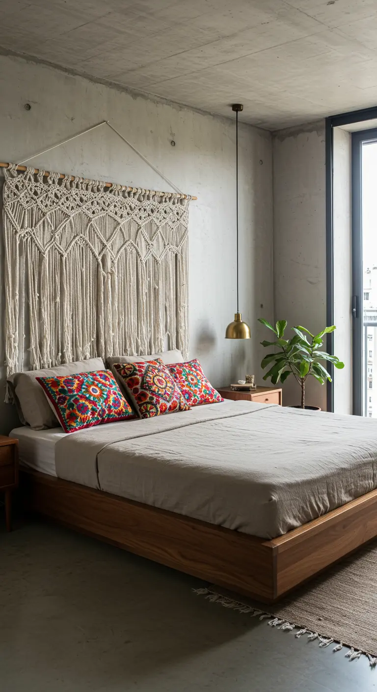 Dormitorio moderno con pared de cemento, cabecero de macramé y cojines bordados coloridos.