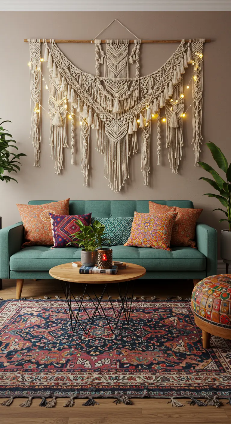 Gran tapiz de macramé en la pared sobre un sofá, decorado con luces de hadas