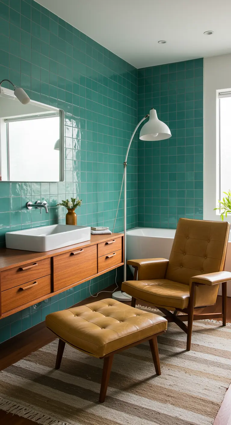 Baño de estilo mid-century con azulejos verdes, sillón de cuero y mueble de madera de teca.