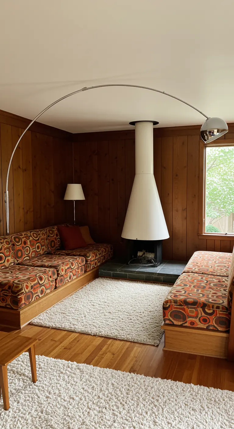 Sala retro con paneles de madera, sofá modular estampado y chimenea blanca suspendida.