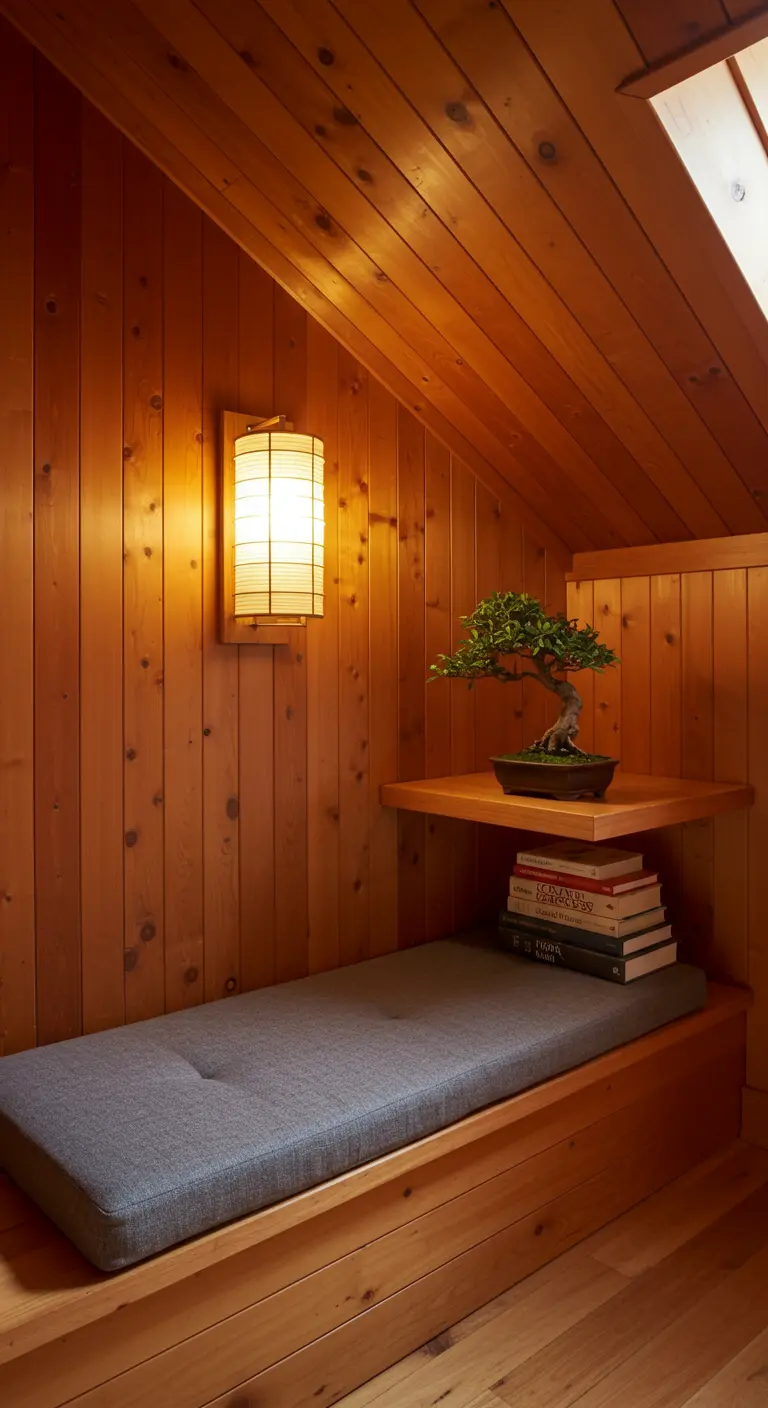 Rincón de lectura zen con banco de madera, cojín gris, bonsái y lámpara de pared japonesa.