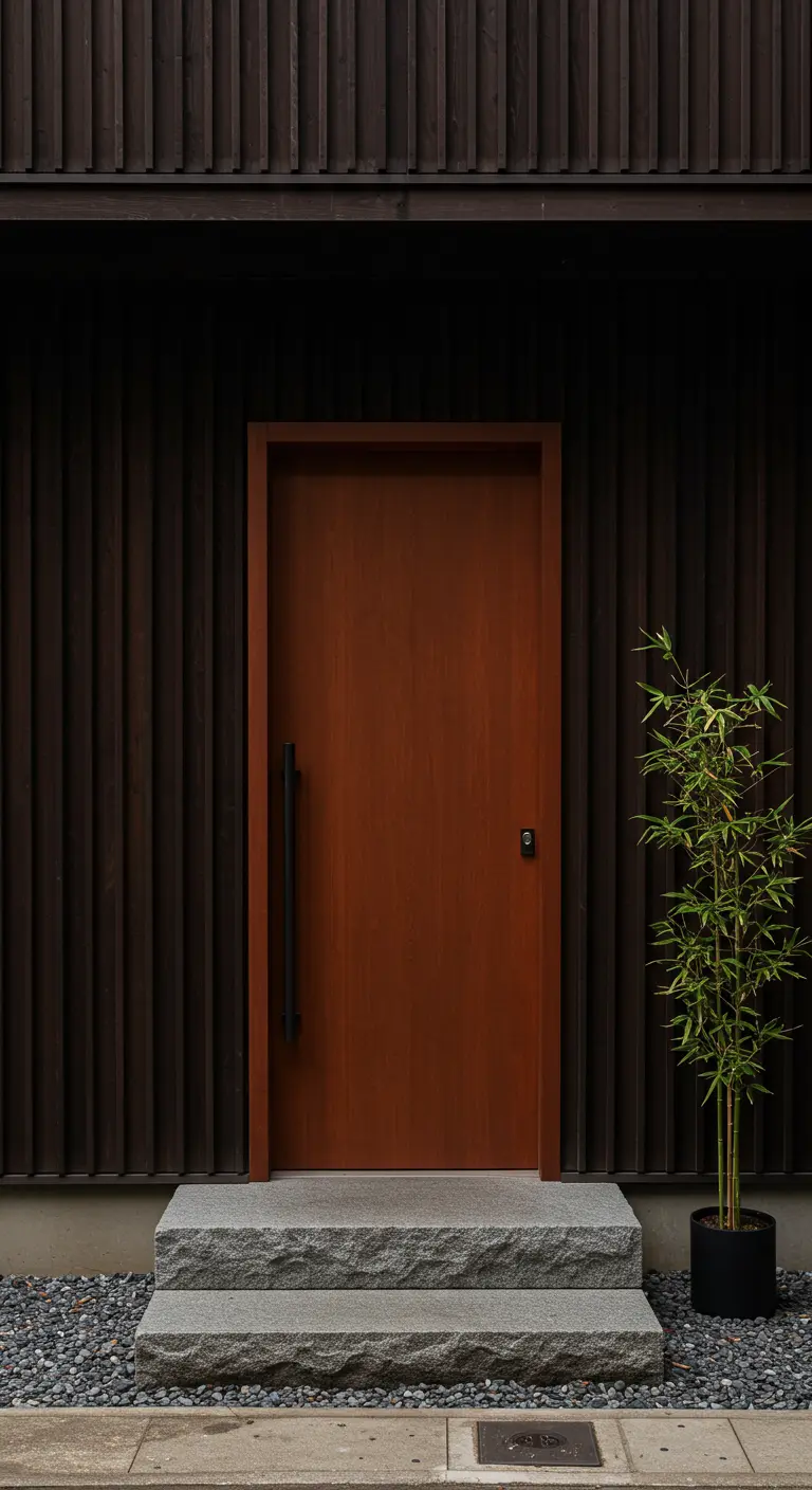 Entrada de estilo japonés con revestimiento de madera oscura, puerta de madera rojiza y un bambú