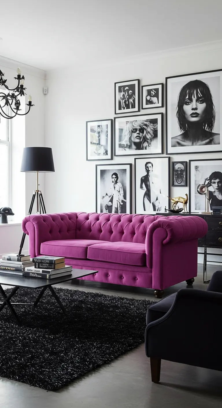 Salón ecléctico con un sofá Chesterfield de terciopelo magenta y una pared de galería en blanco y negro.